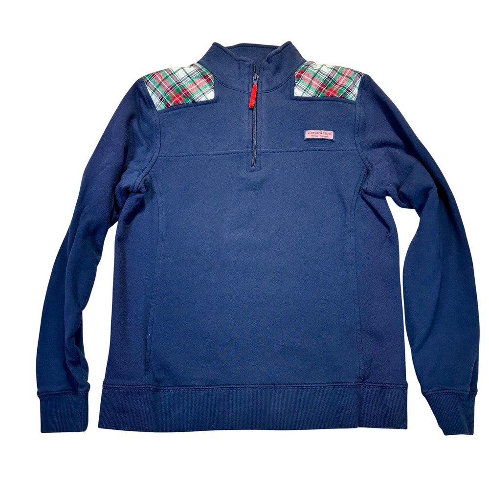 Vineyard Vines Quarter Zip Pullover Women XS Navy Blue Plaid Preppy Holiday